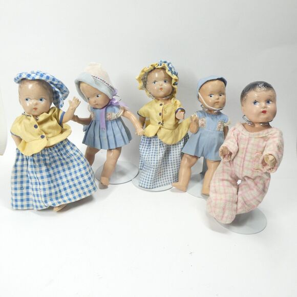 Dionne Quints 5 Baby Dolls Set 7" Tall Compo 1930s Madame Alexander Vintage - Picture 1 of 16